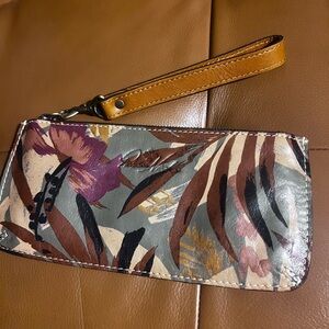 Patricia Nash Tan/OliveGreen/Maroon Palm Leaves Vercelli Leather Wristlet
